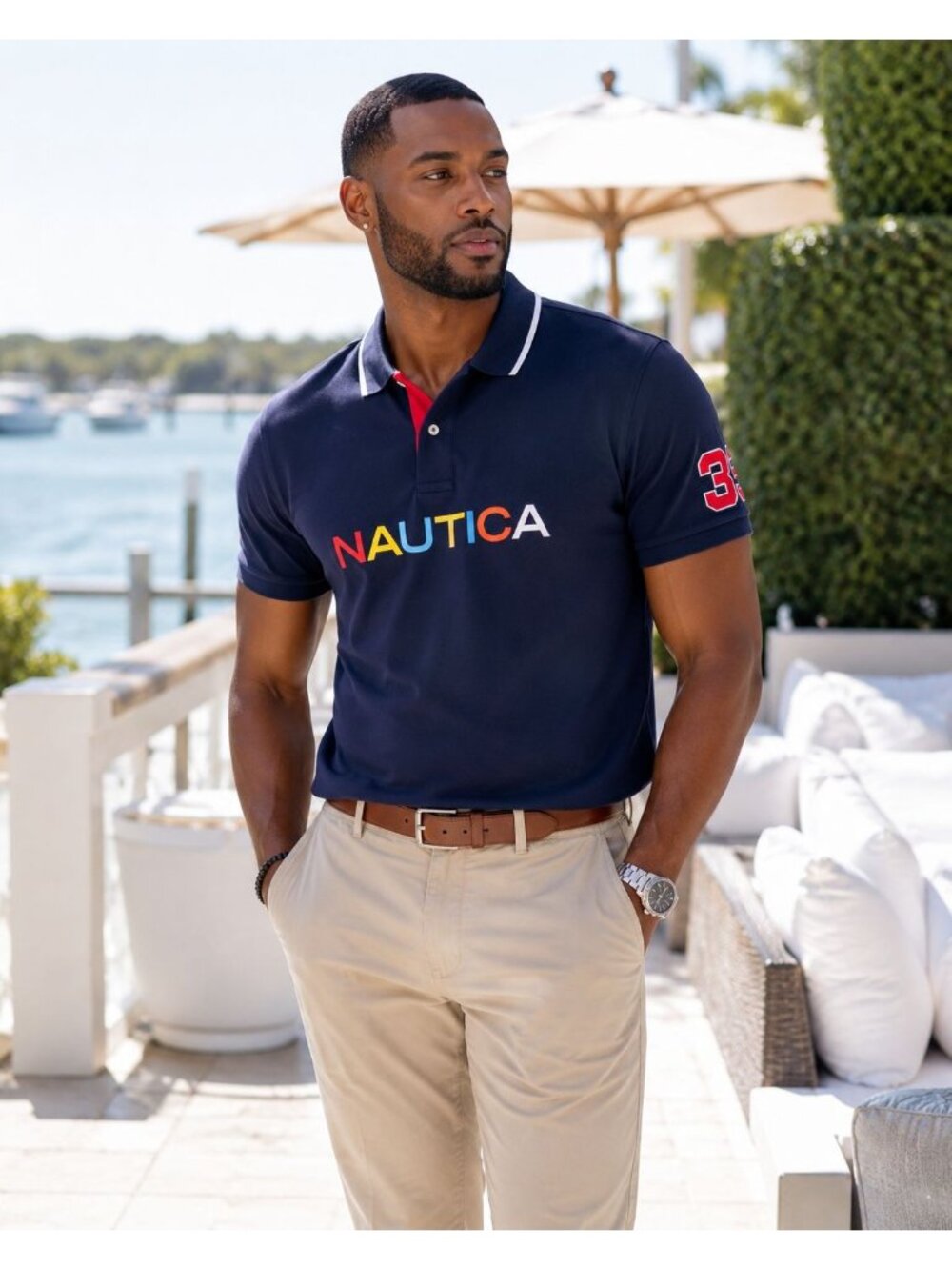Nautica Men’s Classic Fit Navy Polo Shirt Embroidered Spellout Logo Size XL